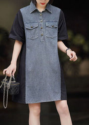 Art Black Peter Pan Collar Denim Patchwork Cotton Dresses Summer