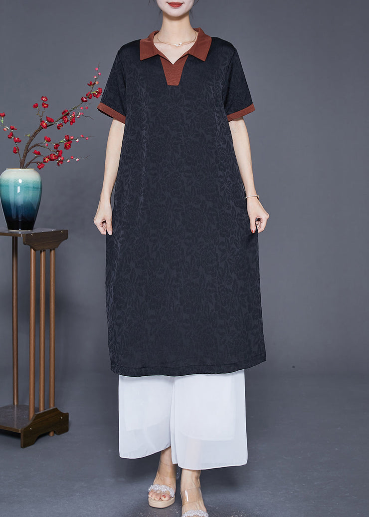 Art Black Peter Pan Collar Patchwork Silk Maxi Dresses Summer