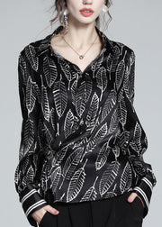 Art Black Peter Pan Collar Print Button Silk Shirts Long Sleeve