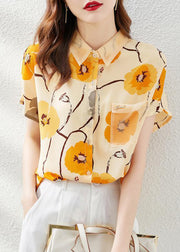 Art Black Peter Pan Collar Print Pockets Chiffon Shirt Short Sleeve