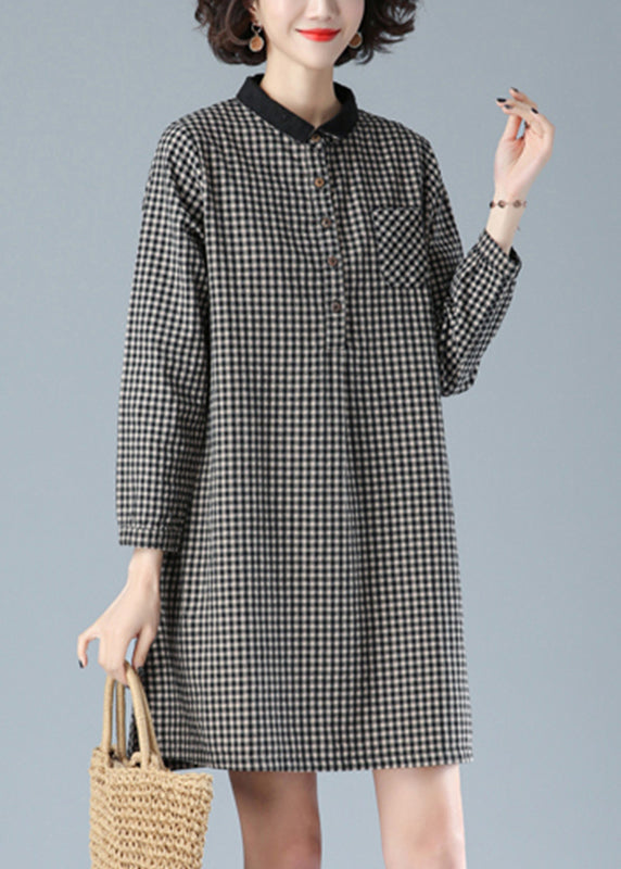 Art Black Plaid Peter Pan Collar Button Cotton Mid Dress Fall