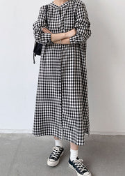 Art Black Plaid Wrinkled Patchwork Long Cotton Shirts Dresses Spring