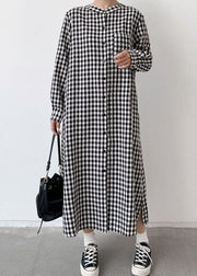 Art Black Plaid Wrinkled Patchwork Long Cotton Shirts Dresses Spring