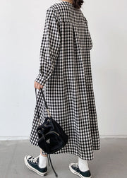 Art Black Plaid Wrinkled Patchwork Long Cotton Shirts Dresses Spring