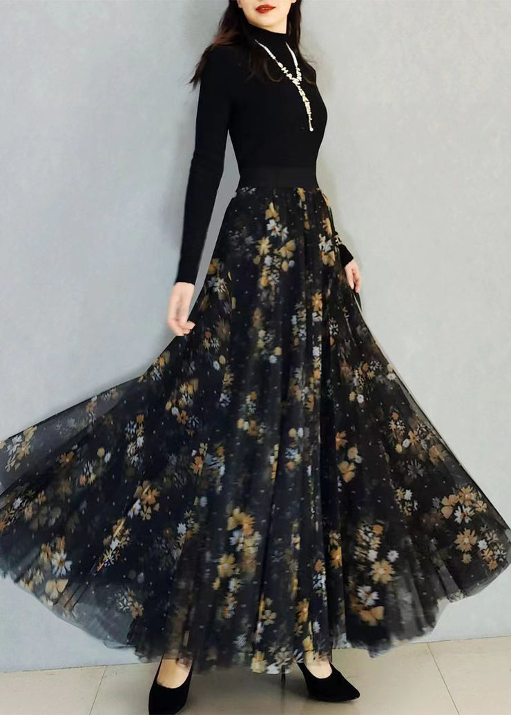 Art Black Print High Waist Exra Large Hem Tulle Skirts Spring