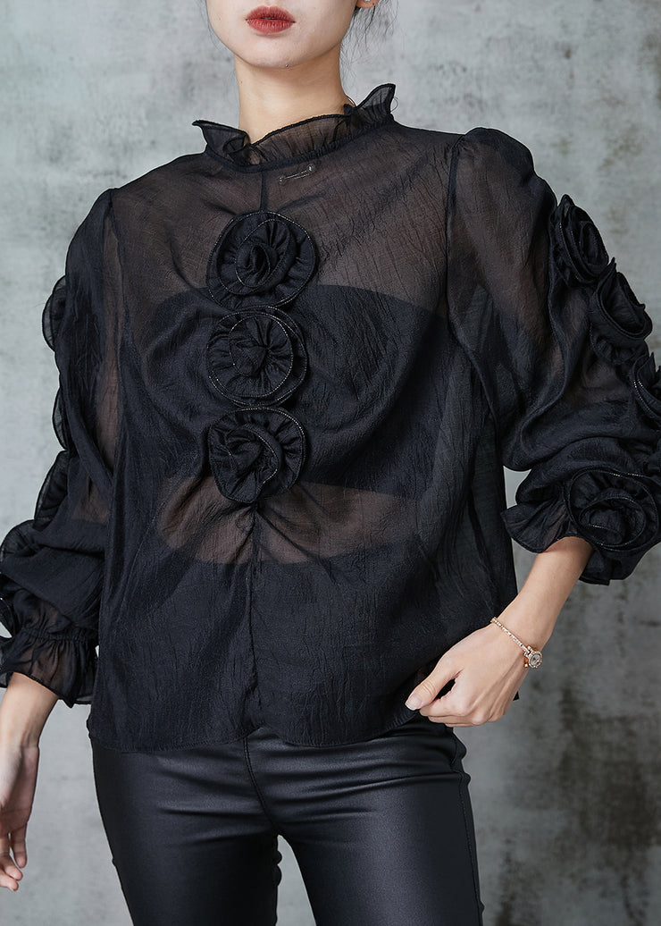 Art Black Ruffled Floral Chiffon Shirt Spring