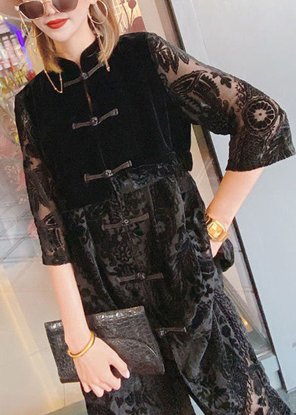 Art Black Stand Collar Embroideried Hollow Out Velour Chinese Style Two Pieces Set Half Sleeve