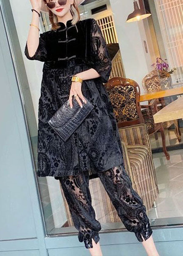 Art Black Stand Collar Embroideried Hollow Out Velour Chinese Style Two Pieces Set Half Sleeve