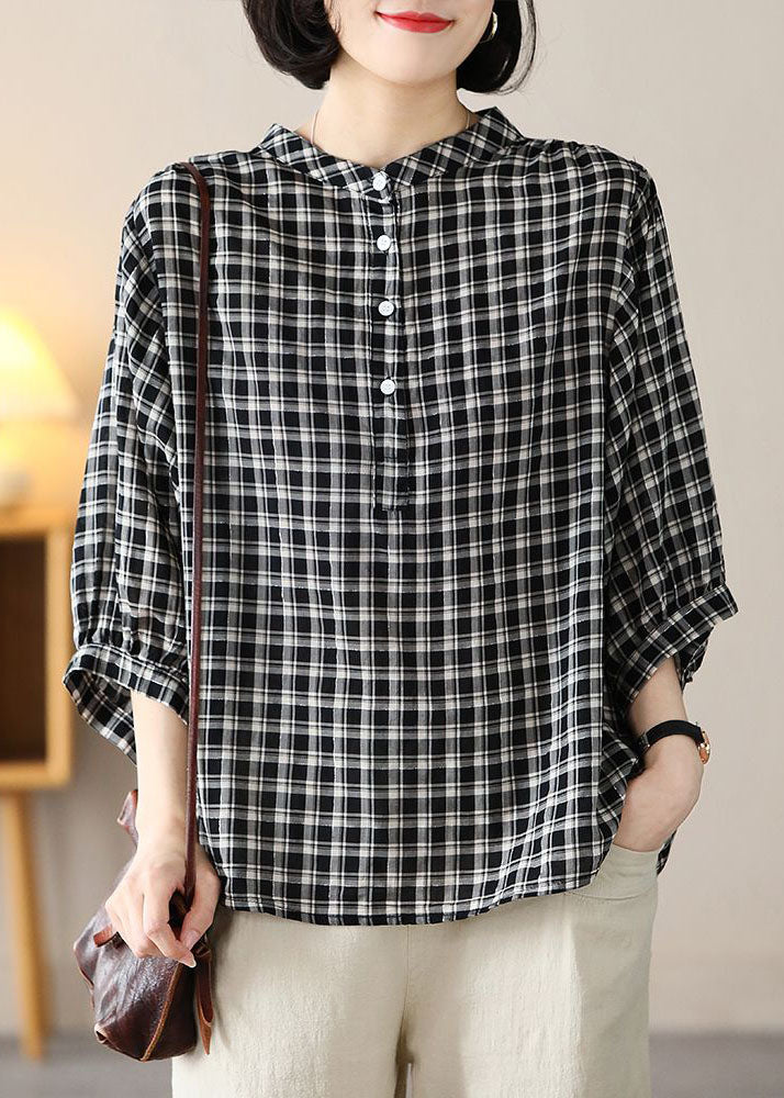 Art Black Stand Collar Plaid Button Linen Shirt Bracelet Sleeve