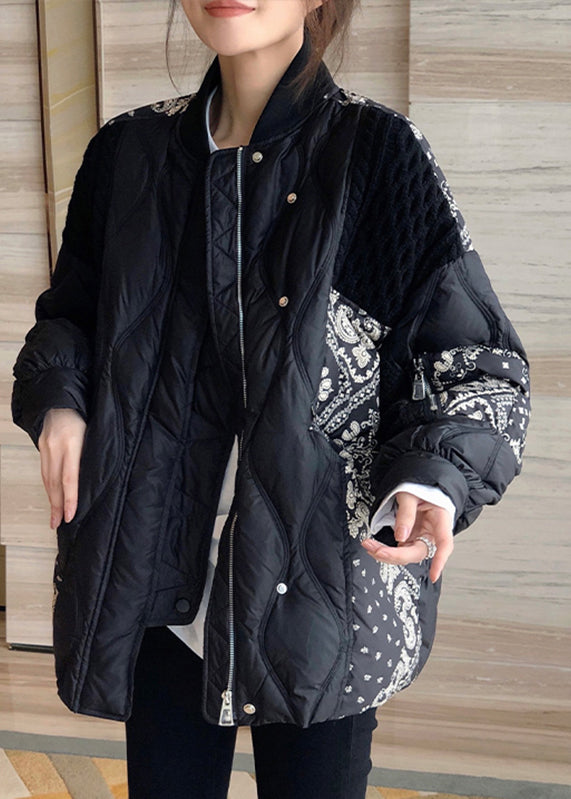 Art Black Stand Collar Print Patchwork Zippered Button Duck Down Down Coat Winter