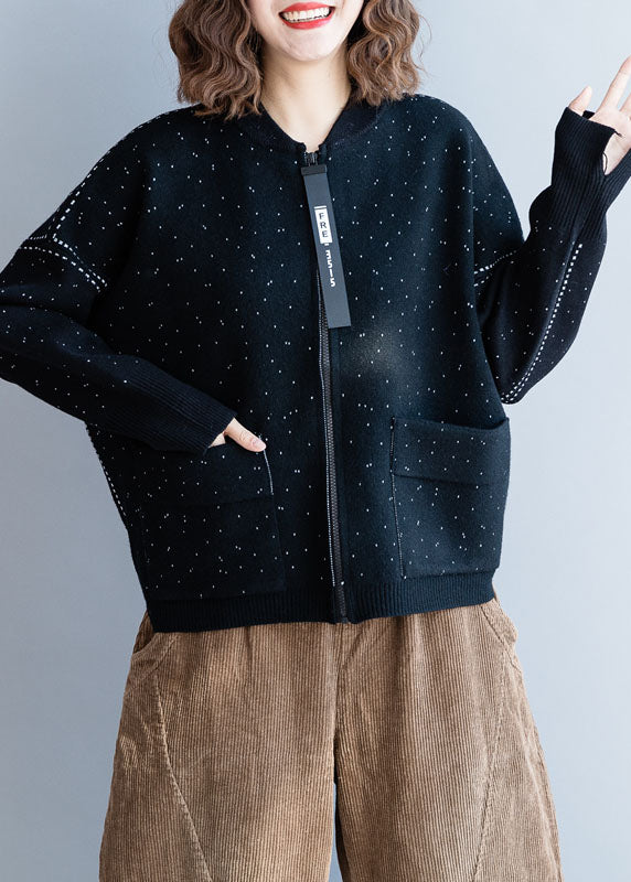 Art Black Stand Collar Zip Up Dot Knit Coats Winter