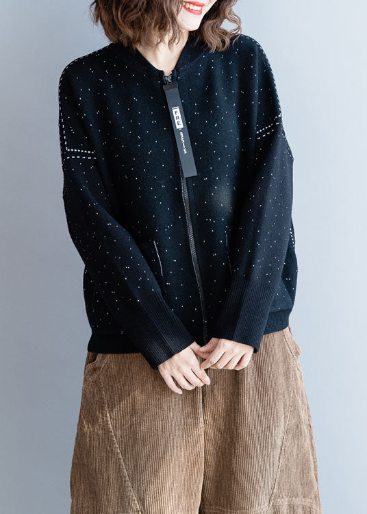 Art Black Stand Collar Zip Up Dot Knit Coats Winter