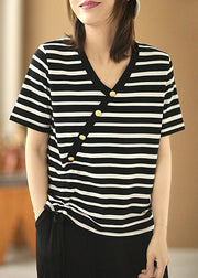 Art Black Striped V Neck Button Drawstring Cotton Tops Short Sleeve