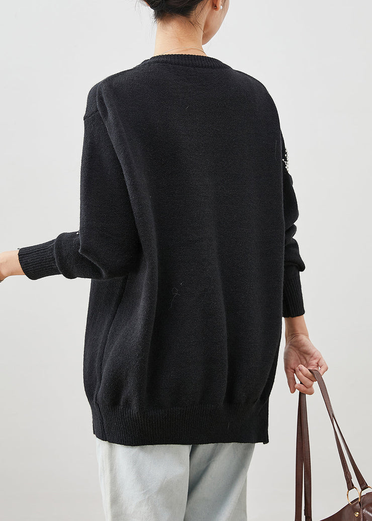 Art Black Tasseled Hollow Out Side Open Knit Top Winter