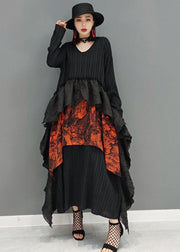 Art Black V Neck Asymmetrical Patchwork Ruffles Dresses Long Sleeve