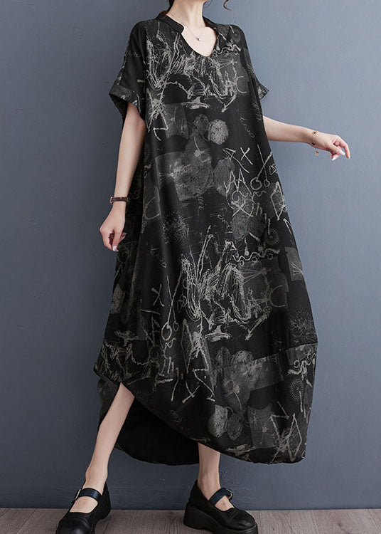 Art Black V Neck Print Patchwork Cotton Long Dress Summer