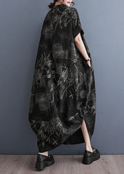 Art Black V Neck Print Patchwork Cotton Long Dress Summer