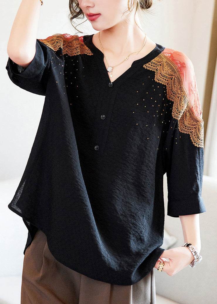 Art Black V Neck Zircon Lace Patchwork Cotton Blouses Half Sleeve