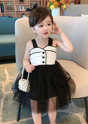 Art Black Wrinkled Patchwork Tulle Kids Girls Dress Sleeveless