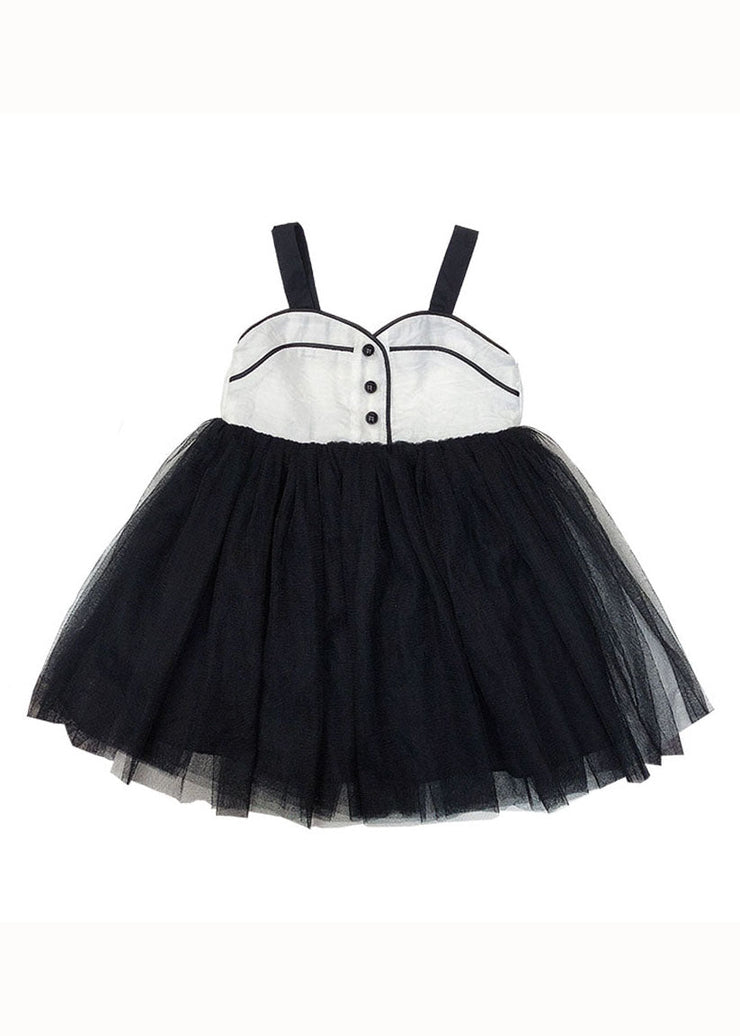 Art Black Wrinkled Patchwork Tulle Kids Girls Dress Sleeveless