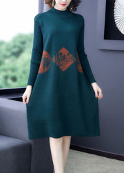 Art Blackish Green High Neck Print Cashmere Knitted Dress Long Sleeve