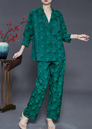 Art Blackish Green Oversized Print Silk Two Pieces Set Fall