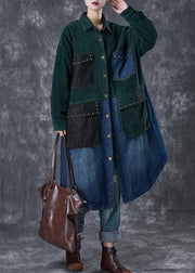 Art Blackish Green Rivet Patchwork Corduroy Fine Cotton Filled Coat Winter