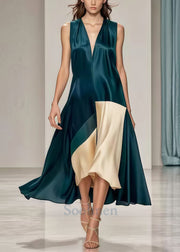 Art Blackish Green V Neck Patchwork Draping Silk Dress Summer