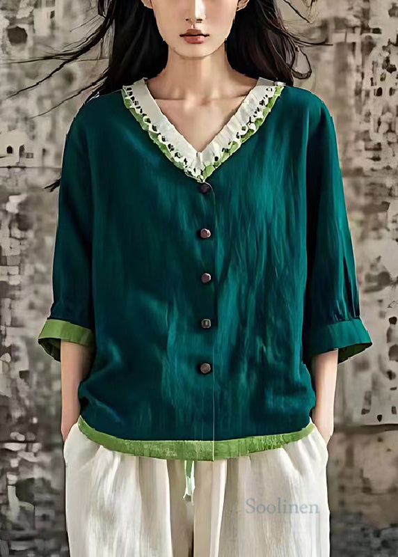 Art Blackish Green V Neck Patchwork Linen Top Summer