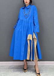 Art Blue Asymmetrical Design Patchwork Cotton Maxi Dresses Fall