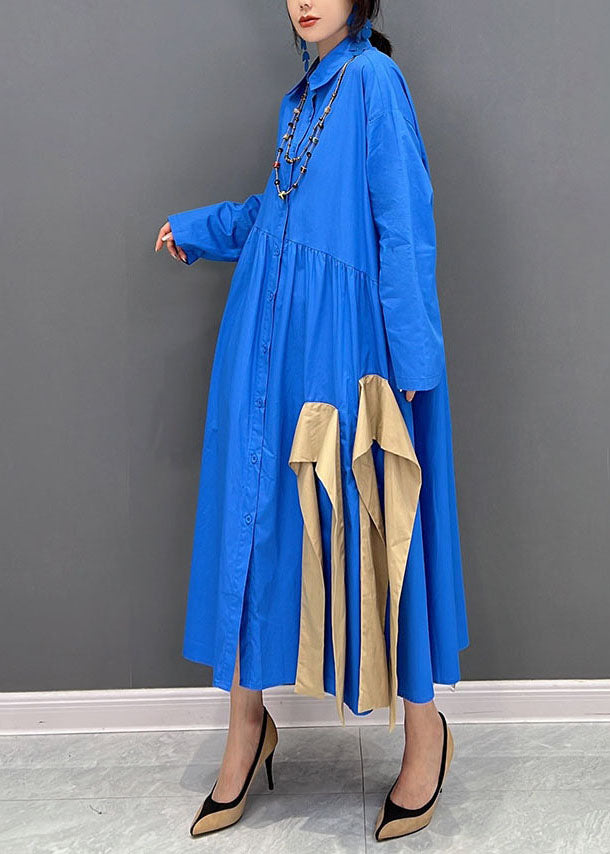 Art Blue Asymmetrical Design Patchwork Cotton Maxi Dresses Fall