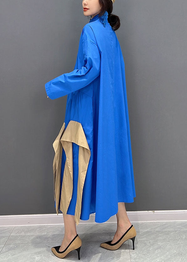 Art Blue Asymmetrical Design Patchwork Cotton Maxi Dresses Fall