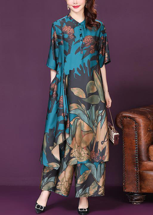 Art Blue Asymmetrical Exra Large Hem Print Silk Two Piece Suit Set Summer