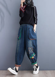 Art Blue Cartoon Embroideried Pockets Elastic Waist Denim Pants Spring