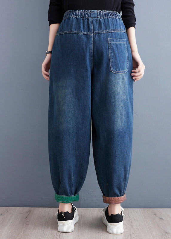 Art Blue Cartoon Embroideried Pockets Elastic Waist Denim Pants Spring