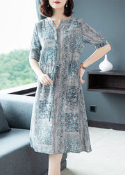 Art Blue Cinched Print Silk Shirt Dresses Summer