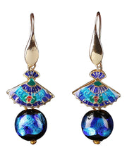 Art Blue Copper Cloisonne Coloured Glaze Fan Drop Earrings