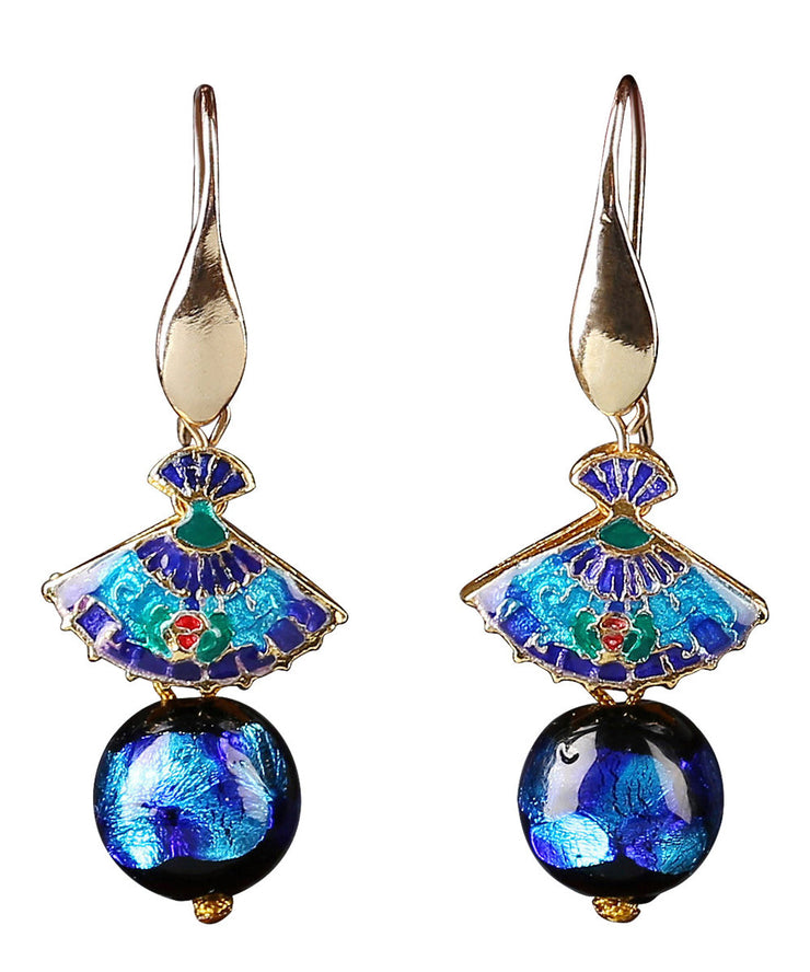 Art Blue Copper Cloisonne Coloured Glaze Fan Drop Earrings