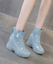 Art Blue Cotton Fabric Splicing Zipper Wedge Cowboy Boots