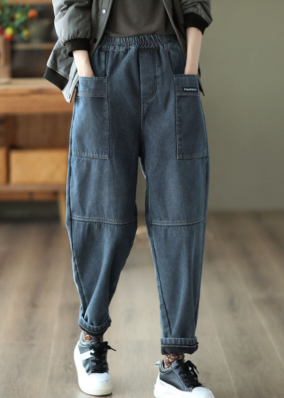 Art Blue Elastic Waist Patchwork Thick Warm Fleece Denim Pants Trousers Winter