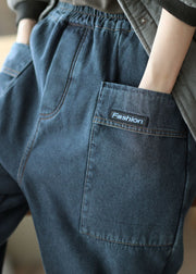 Art Blue Elastic Waist Patchwork Thick Warm Fleece Denim Pants Trousers Winter