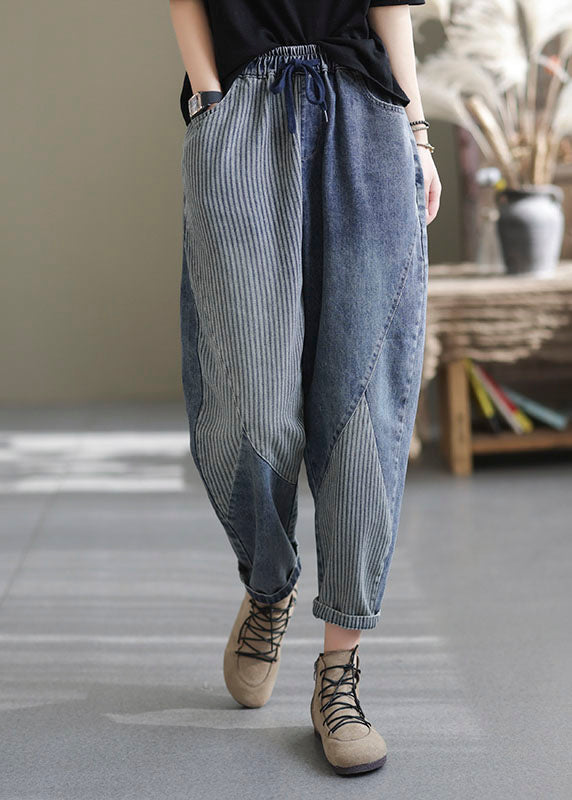 Art Blue Elastic Waist Pockets Patchwork Striped Cotton Denim Harem Pants Fall