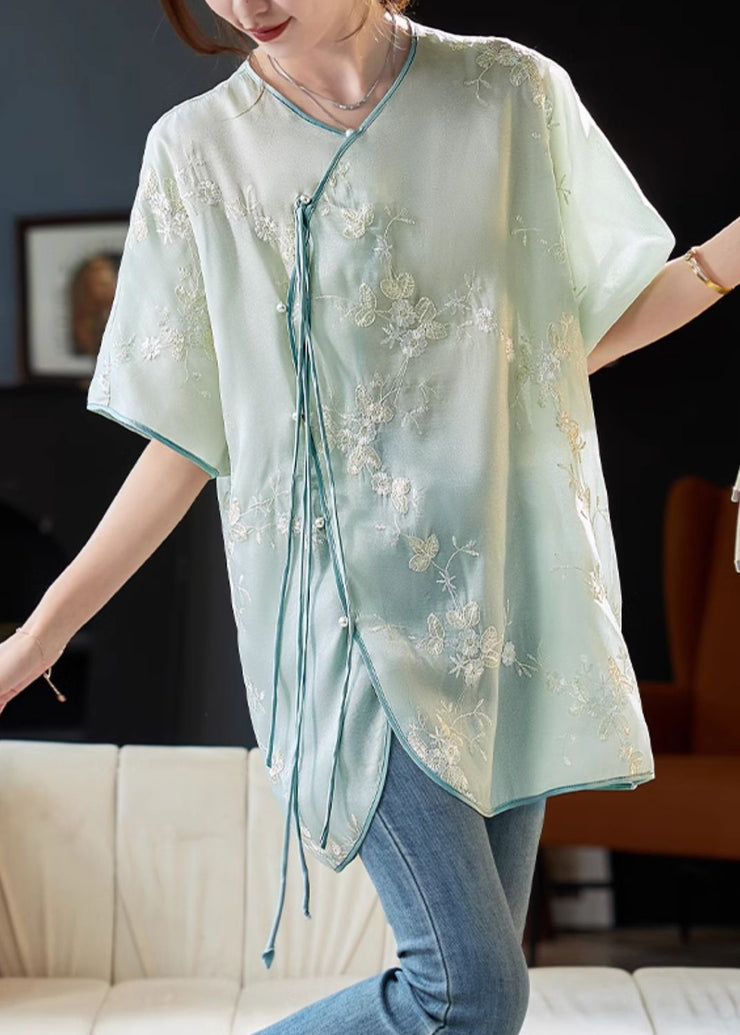 Art Blue Embroidered Tassel Patchwork Chiffon Shirt Short Sleeve