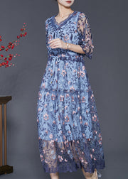 Art Blue Embroidered Tulle Cinched Dress Summer