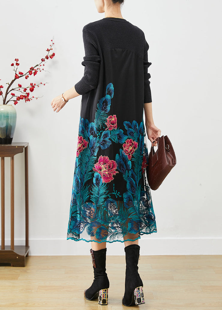 Art Blue Embroideried Floral Knit Long Dress Fall