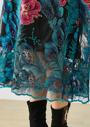 Art Blue Embroideried Floral Knit Long Dress Fall