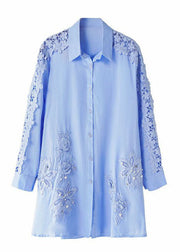 Art Blue Embroideried Nail Bead Patchwork Cotton Shirts Fall