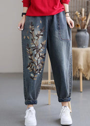 Art Blue Embroideried Pockets Elastic Waist Cotton Denim Harem Pants Fall