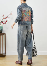 Art Blue Embroidered Print Rivet Denim Two Pieces Set Fall