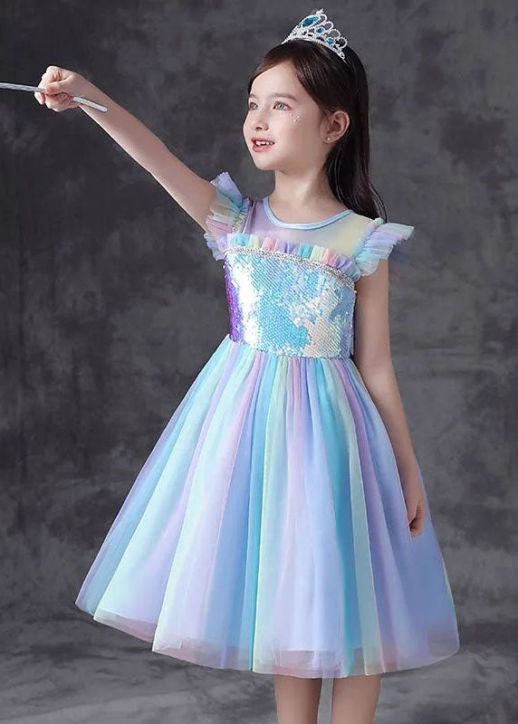 Art Blue Gradient Ruffled Sequins Patchwork Tulle Kids Girls Dresses Summer